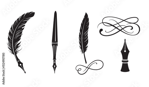 Elegant vector silhouettes of feather pens and ornate flourishes for design projects