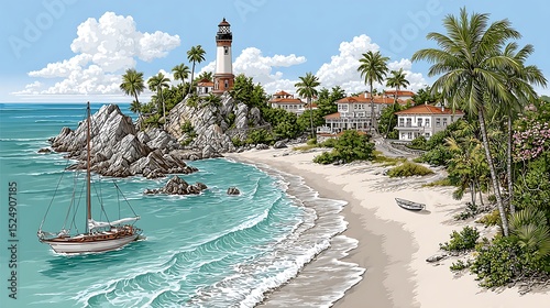 Romantic shoreline with white sand turquoise waves and colonial style lighthouse high resolution image