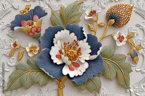 Royal baroque botanical art with layered gold and blue flower design for home decor high resolution image