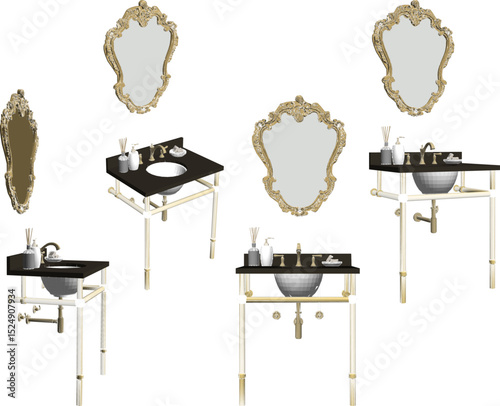 vector illustration of furniture design of vanity table washbasin shelf with mirror glass 