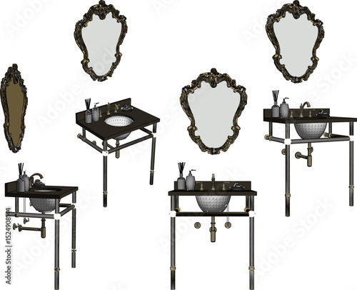 vector illustration of furniture design of vanity table washbasin shelf with mirror glass 