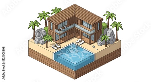 Isometric House with Pool and Palm Trees