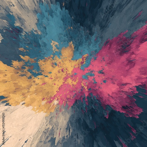Abstract art featuring a vibrant explosion of muted colors, radiating outwards from a central point