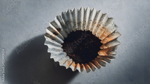 Used coffee filter with remnants of coffee grounds, casting a shadow on a textured surface