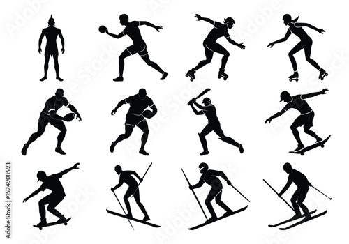 a Silhouettes of Vector Athletes Playing Rugby, Cricket, Skateboarding, Roller Skating, Skiing, and Bowling on White Background