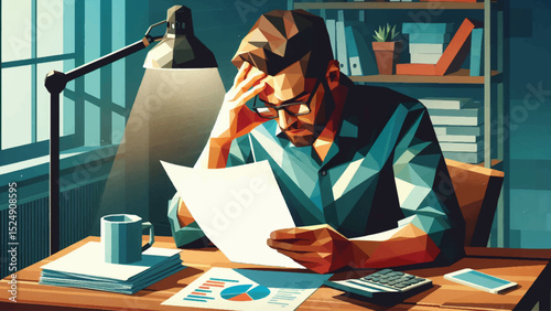 Stressed man checking an expensive invoice, in low poly style 