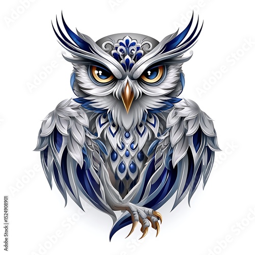 Stylized fierce owl emblem in silver and navy tones high resolution image