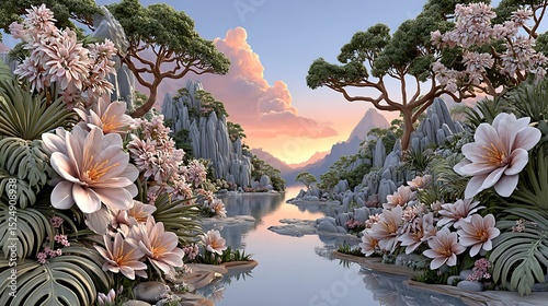 Sunset over jungle river gorge surrounded by blooming tropical flora high resolution image