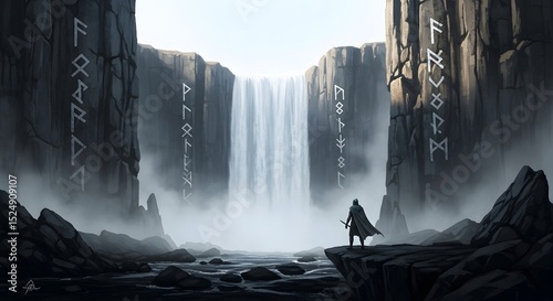 Waterfall Cliff Warrior Runes Landscape