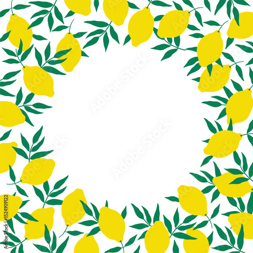 Border card with lemons for text in flat style. Hand drawn template with citrons, leafs, lemon plants. Food and drink, ingredient for cooking, baking, alcohol. Design element for label, print, sign