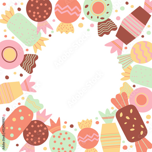 Candy border card for text. Hand drawn coloured template with different candies, sweet and chocolate treats, dessert. Design for October 18 is World Candy Day. Food vector illustration for flyer