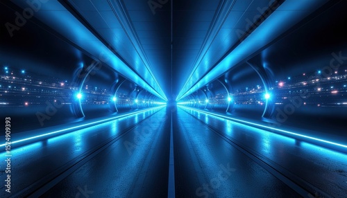 Infinite Futuristic Tunnel with Neon Blue Glow
