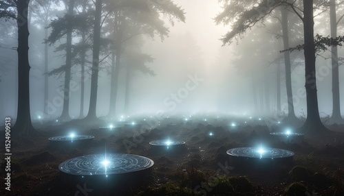 Futuristic Light Circuits in Foggy Forest