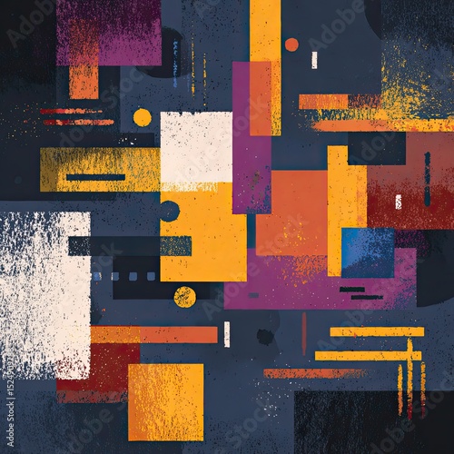 Abstract geometric artwork with textured blocks in warm and cool tones