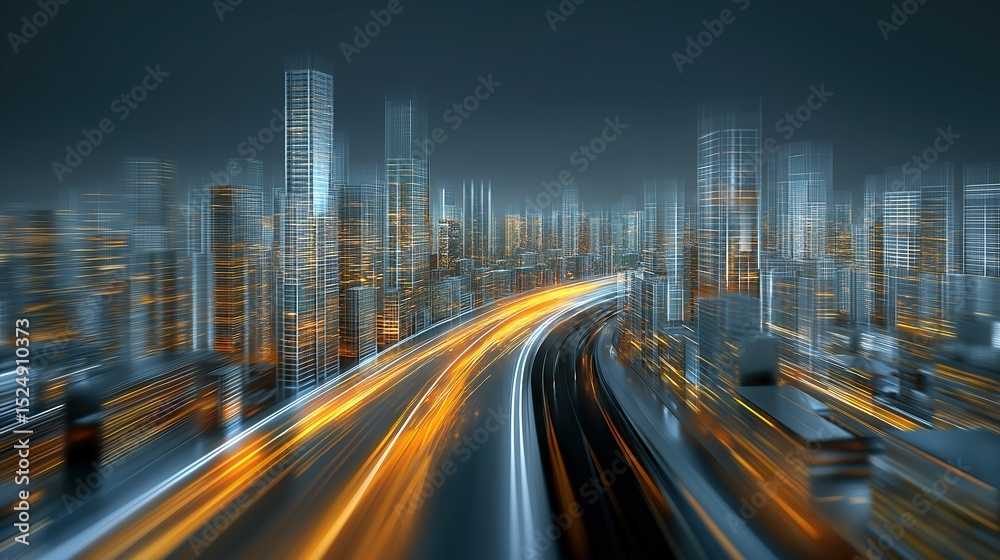 Naklejka premium Futuristic cityscape with glowing structures and digital pathways, showcasing advanced urban innovation.