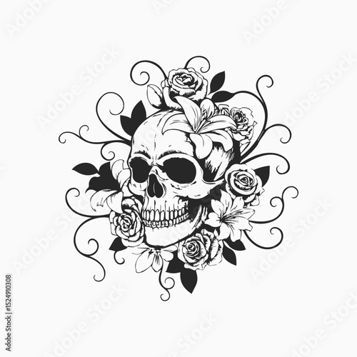 Floral Skull Design, A Black and White Illustration of a Skull Adorned with Roses and Lilies