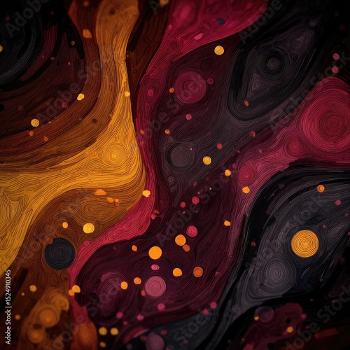 Abstract swirling patterns in rich burgundy, gold, and charcoal tones, interspersed with glowing dots