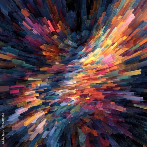 Vibrant, multicolored, abstract artwork with dynamic, radiating lines creating a sense of depth and movement