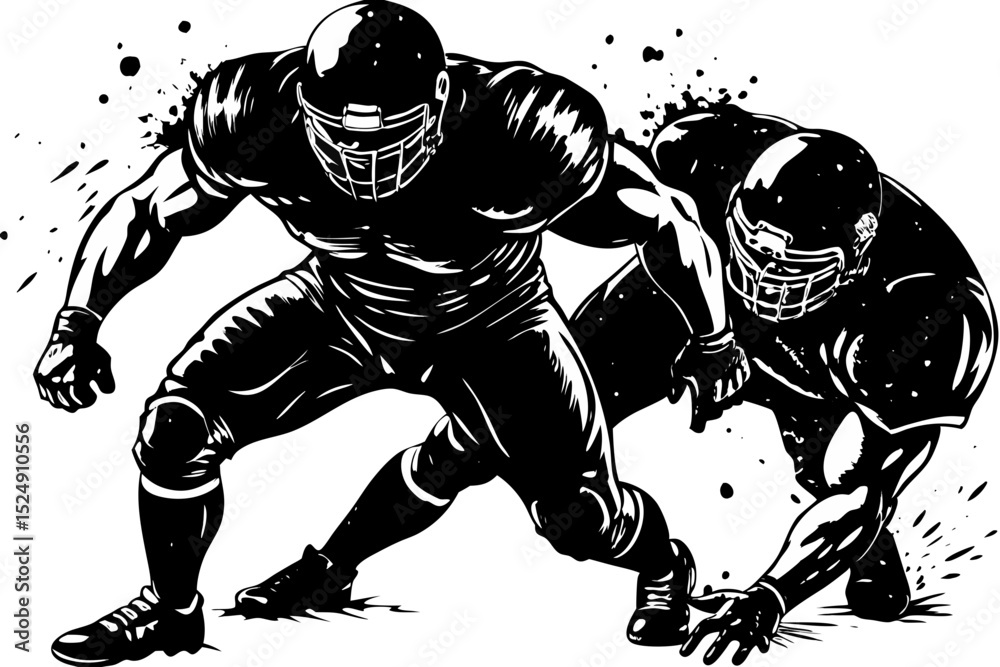 Obraz premium American Football Players in Action Powerful Graphic Illustration, football, players, sports, defense, masculine, intense, impact, powerful, graphics, visual, physical, rush, contest, victory, match, 