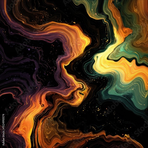 Abstract swirling colors; dark, gold, teal, & purple hues blend in a cosmic, fluid design