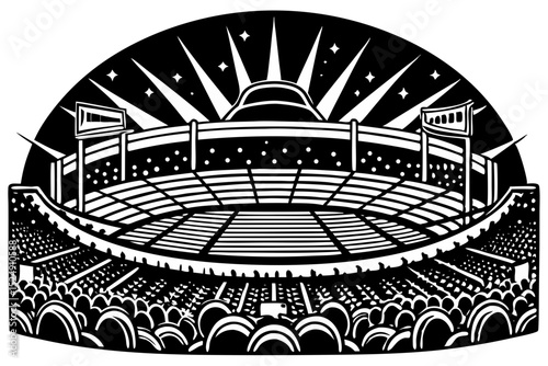 Vintage Stadium Illustration Night Game Atmosphere, stadium, vintage, night, sports, graphics, visual, fans, excitement, baseball, basketball, soccer, picture, elements, football, crowd, atmosphere, s