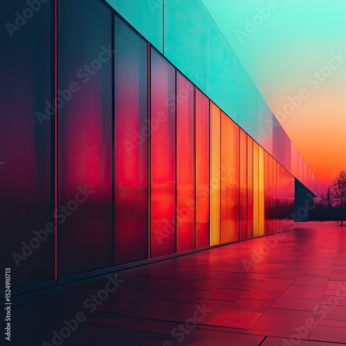 Vibrant glass facade reflecting sunset hues