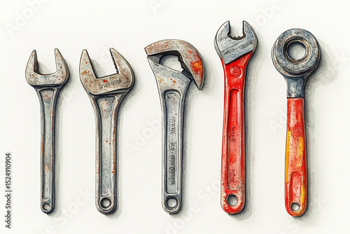 Closeup of Five Varied Wrenches, Showing Signs of Rust and Wear on a White Background
