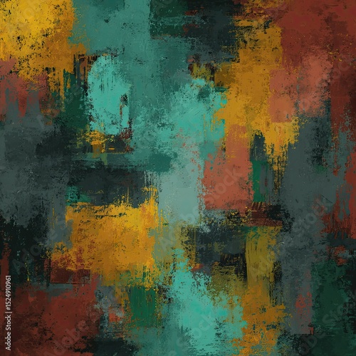 Abstract artwork with textured, vibrant hues of teal, gold, deep red, and grey.  Bold brushstrokes create a dynamic composition