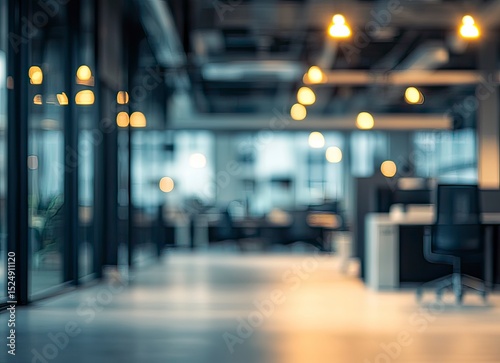 Wallpaper Mural Blurred office interior background with blurred light and shadow effects for design, a business concept background. Blurry panoramic view of a modern open-space work place office room at night.  Torontodigital.ca