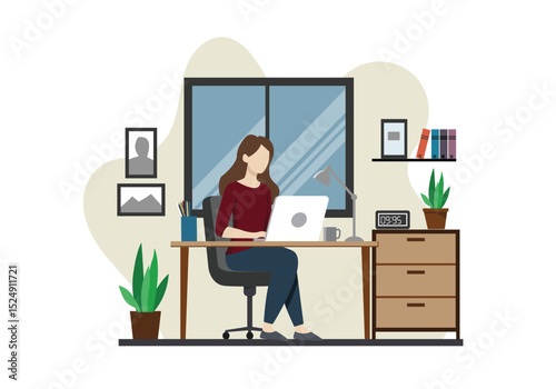 Flat vector illustration of young woman working from home in front of laptop, flat style decoration, suitable for remote work and productivity themes.