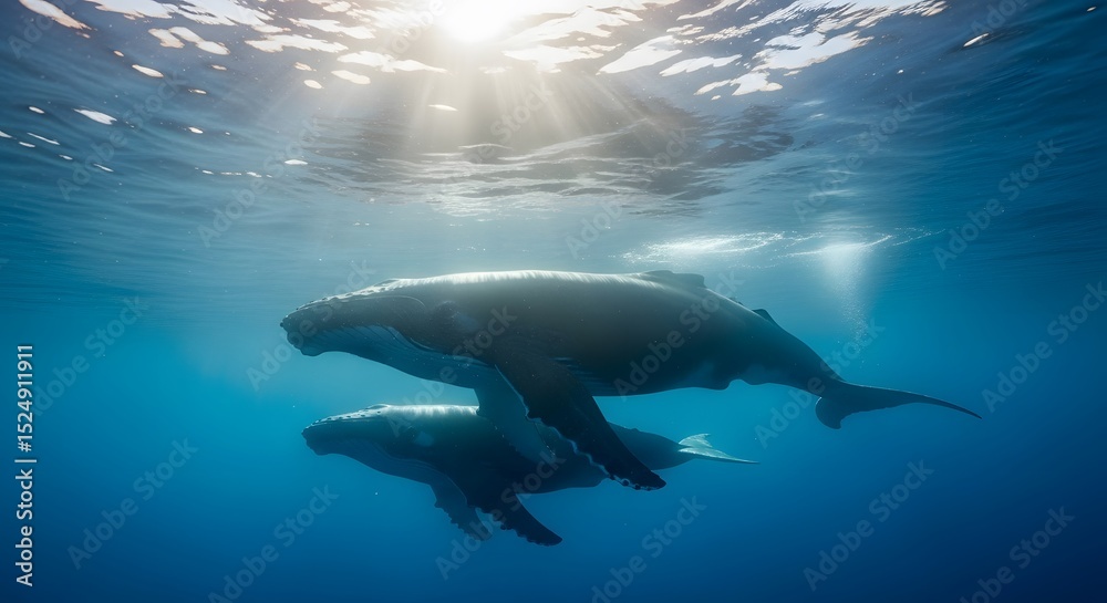 Obraz premium Humpback Whale Swimming Together in Blue Ocean Water
