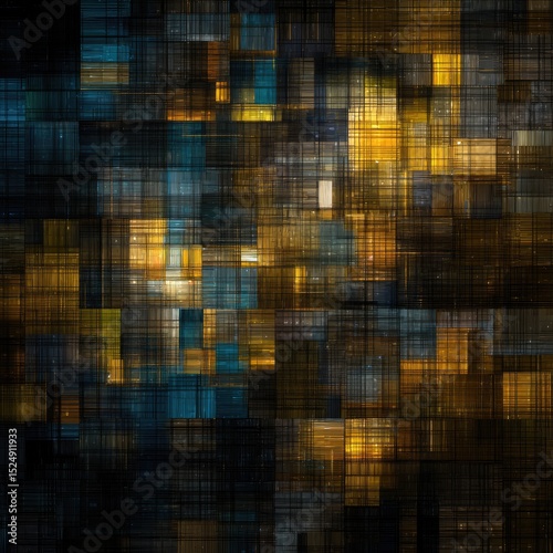 Abstract digital artwork with glowing, multicolored squares and rectangles in varying shades of blue, gold, and brown, creating a grid-like pattern