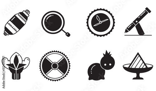 A set of eight illustrated black and white silhouette objects representing different designs and themes