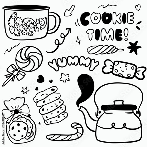 Vector doodle set of cookies with cup, sweets, kettle black line lettering for coffee shop logo, pastry shop, bakery, branding, print