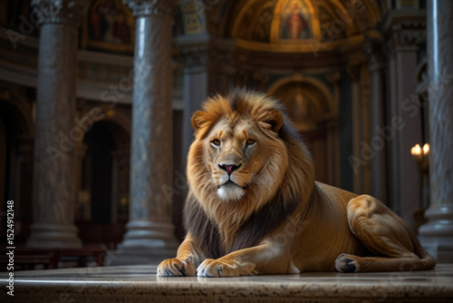 Lion resting majestically inside a building with columns and ornate architectural details in the background created with generated ai