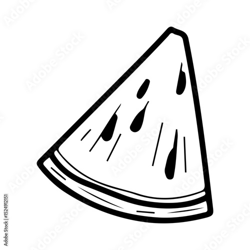 Triangular slice watermelon. Hand drawn doodle vector. Summer berry. Sweet fruit. Melon agriculture. Seasonal vitamins. Fresh vegetarian food. Ripe pulp dessert with seeds. Illustration line art.