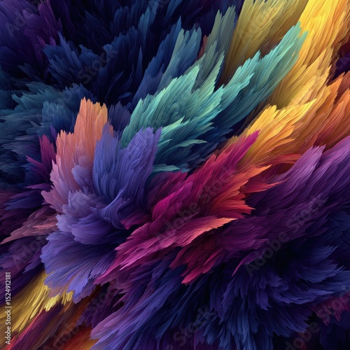 Vibrant, abstract artwork featuring a dynamic array of colorful, textured strokes resembling feathers or fur