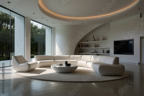 Interior view of a modern living room with a curved sofa, circular rug, and large windows showing trees created with generated ai