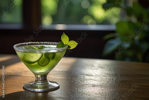 Refreshing cucumber cocktail with mint garnish on a wooden table near a window in natural light created with generated ai