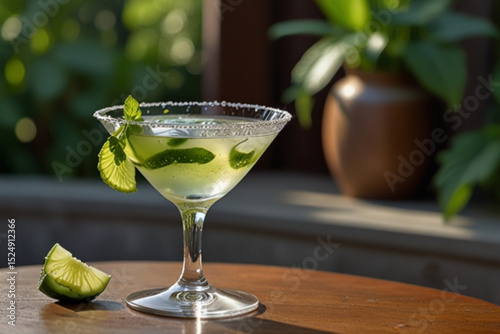 Close up of a margarita cocktail in a glass with lime and mint garnish on a wooden table outdoors created with generated ai