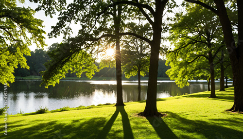 le soleil se couche derrière des arbres