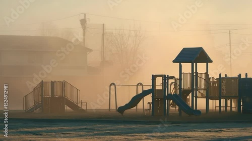Early morning fog over empty elementary school playground at sunrise  