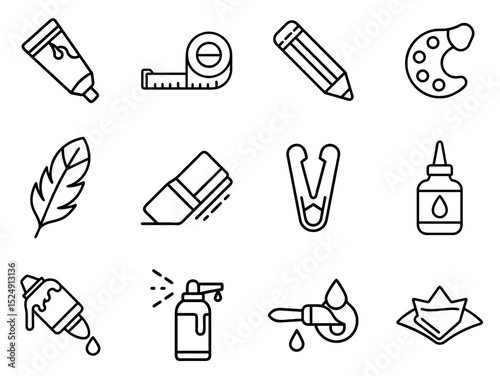 Art and Craft Supplies Outline Line Icons Set 2 – Detailed Outline Icons for Creative Tools, Materials & DIY Projects