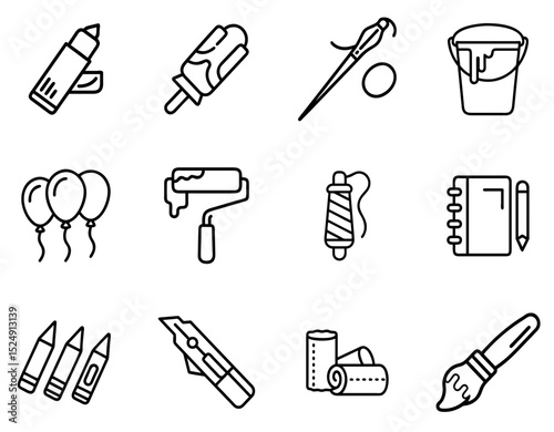 Art and Craft Supplies Outline Line Icons Set 1 – Creative Outline Icons for Artistic Tools, Materials & DIY Projects