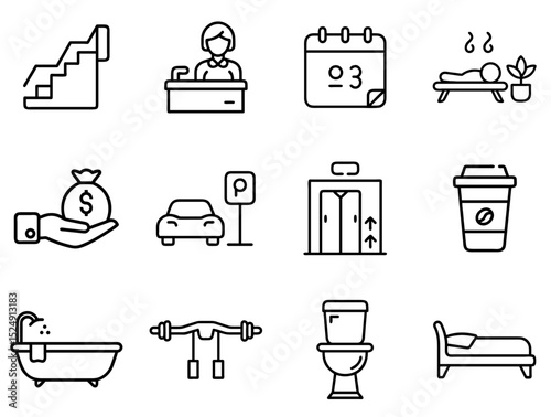 Hotel Services Outline Line Icons Set 1 – Sleek Outline Icons for Hospitality, Accommodation & Guest Services