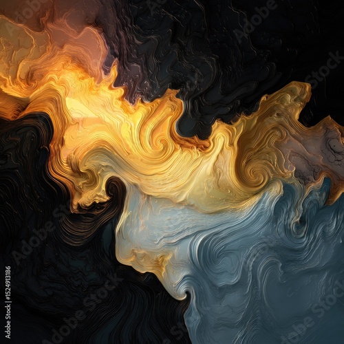 Abstract swirls of gold, gray, and black paint create a dynamic, flowing composition