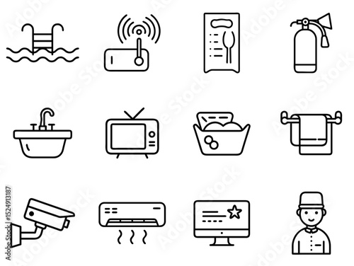 Hotel Services Outline Line Icons Set 2 – Elegant Outline Icons for Hospitality, Guest Care & Hotel Amenities