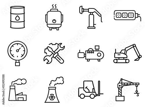 Industry Outline Line Icons Set 2 – Modern Outline Icons for Factories, Manufacturing, and Industrial Processes