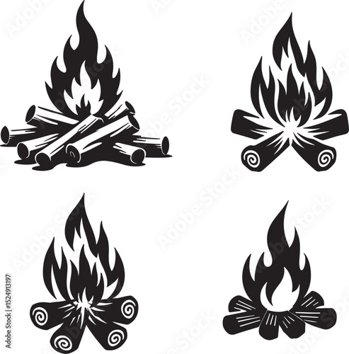 campfire silhouette, fire pit vector, flames outline, outdoor fire icon, bonfire illustration, night fire clipart, glowing fire sketch, camp flame art, wilderness fire symbol, logs and flame vector, c