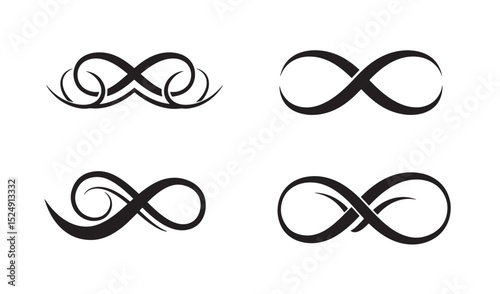 Set of infinity symbols and decorative designs in black silhouettes
